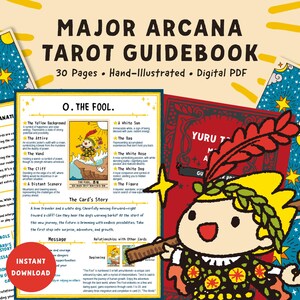 May include: A digital PDF Major Arcana Tarot Guidebook featuring 30 hand-illustrated pages. The cover displays the title in bold black text, with a colorful cartoon character illustration of The Fool card, including a red feather and laurel wreath.