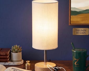 Touch Control Nightstand Lamp with Dual USB Ports,3-Way Dimmable Bedside Light with Wood Base & Round Fabric Shade,Minimalist Desk Lamp