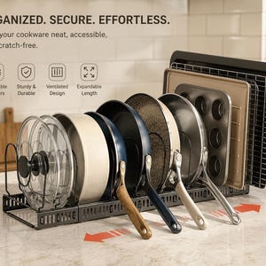 Expandable Pots and Pans Organizer Rack, Adjustable Pan & Lid Holder with 12 Dividers, Under Cabinet Cookware Storage Rack for Kitchen