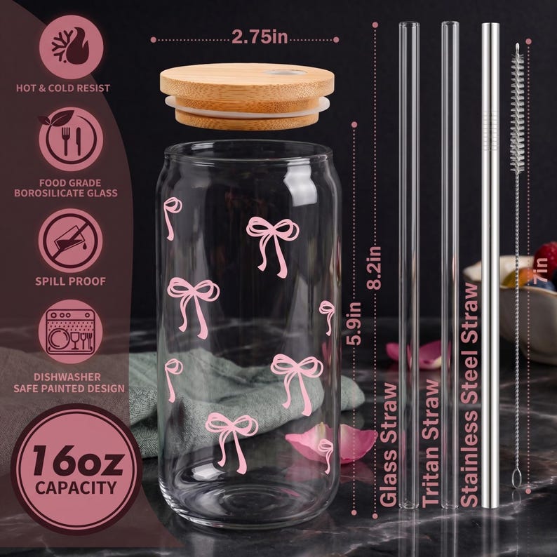 Coquette Pink Bow Glass Cup With Bamboo Lid & Straws | Aesthetic Iced ...
