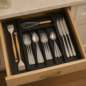 Expandable Silverware Organizer, Adjustable Kitchen Drawer Utensil Tray, Plastic Cutlery Holder, Flatware Storage Organizer, 7 Compartments