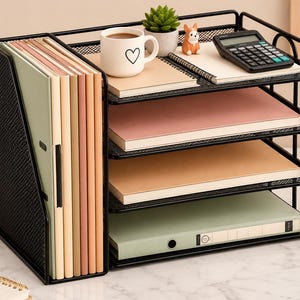May include: A black metal mesh desk organizer featuring a vertical file sorter on the left and three horizontal trays on the right. The organizer holds several notebooks, a binder, a white mug with a heart, a small succulent, and a calculator.