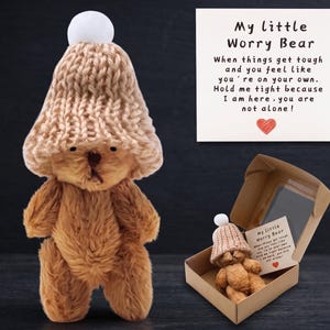May include: A brown teddy bear wearing a tan knit hat with a white pom-pom. The bear is next to a card that reads "My little Worry Bear" and a message of comfort. A smaller bear in a box is also shown.