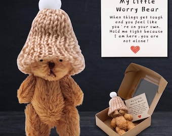 Mini Worry Bear in a Box, Pocket Bear with Encouragement Card, Tiny Positive Plush Gift, Comfort Gift for Friend, Little Pocket Hug Bear
