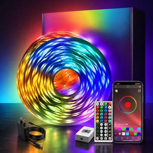 May include: A coiled LED light strip emitting a multi-colored glow, accompanied by a black power adapter, a white control box, a multi-button remote control, and a smartphone displaying a color-changing app interface with a circular color wheel.