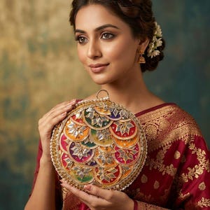 May include: A round, multi-colored clutch bag featuring a layered, scalloped design with metallic gold trim and reflective mirror-like embellishments in shades of red, orange, green, and purple, finished with a small gold metal top handle.