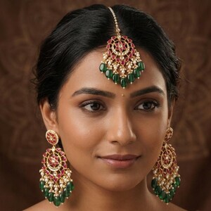 Könnte beinhalten: Goldfarbenes Schmuckset mit Maang Tikka und passenden Ohrringen. Die Stücke sind mit roten und grünen Edelsteinen und kleinen weißen Perlen verziert. Der Schmuck befindet sich vor einem braunen Hintergrund.