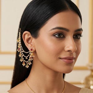 Puede incluir: Un pendiente tipo ear cuff dorado con tres cadenas en cascada adornadas con pequeñas perlas blancas y detalles en forma de gota en colores rojo y verde. La pieza se sujeta al lóbulo y se extiende hacia arriba por el lateral de la cabeza.