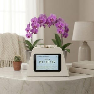 Könnte beinhalten: Eine cremefarbene, trapezförmige Digitaluhr mit einem schwarzen rechteckigen Bildschirm, der die Uhrzeit 01:19:47 in einer digitalen Schriftart anzeigt. Das Gerät verfügt über ein glattes, einfarbiges Gehäuse und ein mittiges Display.