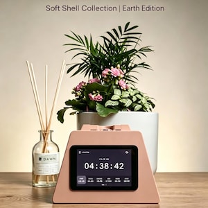 Puede incluir: Un reloj digital rosa que muestra "04:38:42" en su pantalla. El reloj, con la inscripción "NUVÉ SMART AZAN CLOCK", está sobre una superficie de madera. Detrás, una maceta blanca con plantas y una botella de vidrio con cañas.