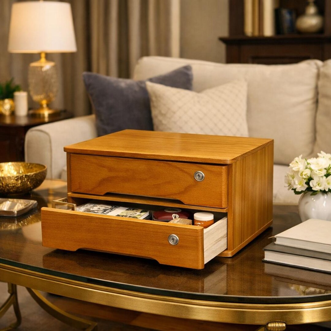 2-tier Lockable Wooden Storage Box, Yellow Wood Desktop Organizer ...
