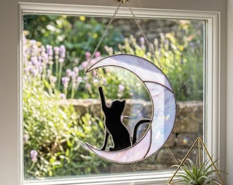 Stained Glass Cat Moon Suncatcher Crescent Window Hanging Celestial Garden Decor Easter Spring Cat Lover Gift Boho Home Decor
