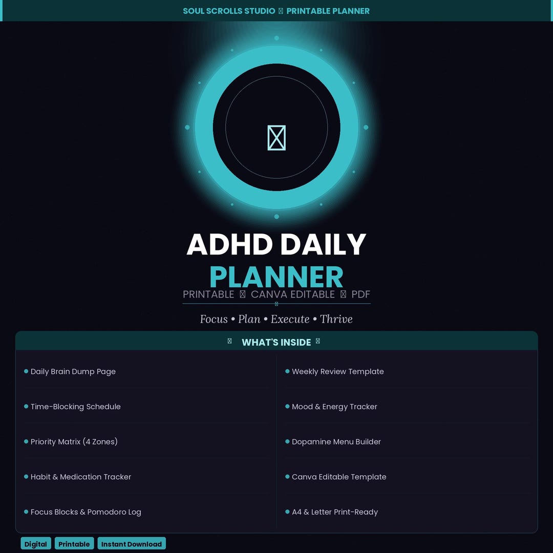 ADHD Daily Planner Printable 2026 — Time Blocking + Brain Dump + Mood ...