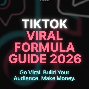 Può includere: Grafica digitale con il testo "TIKTOK VIRAL FORMULA GUIDE 2026" in lettering neon bianco e rosa. Il testo "Go Viral. Build Your Audience. Make Money." è in carattere turchese. Lo sfondo è nero con icone di social media sfocate.