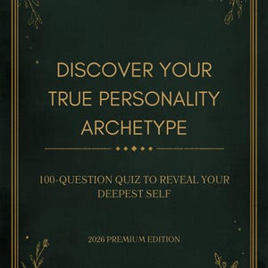 Puede incluir: Gráfico verde oscuro con detalles dorados y texto. El texto dice "SOUL SCROLLS STUDIO" en la parte superior y "DESCUBRE TU VERDADERO ARQUETIPO DE PERSONALIDAD" en el centro. Debajo, dice "CUESTIONARIO DE 100 PREGUNTAS PARA REVELAR TU YO MÁS PROFUNDO" y "EDICIÓN PREMIUM 2026".