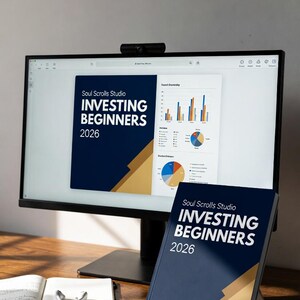 Könnte beinhalten: Ein Computermonitor zeigt ein digitales Dokument mit dem Titel Soul Scrolls Studio Investing Beginners 2026 mit Diagrammen, daneben ein physisches Buch mit gleichem Design, ein offenes Notizbuch und weiße kabellose Ohrhörer.