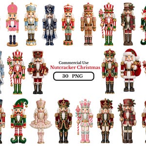 May include: A collection of 30 digital nutcracker figures in various festive outfits, including soldiers, elves, and royalty, featuring red, green, blue, and pink colour schemes. The text Commercial Use Nutcracker Christmas 30 PNG is centred.