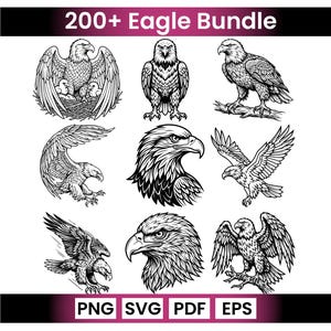 May include: A collection of black and white eagle illustrations in various poses, including perched, flying, and in profile. The text "200+ Eagle Bundle" is at the top, with file type options at the bottom.