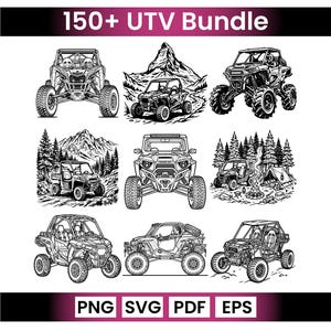 Può includere: Illustrazioni in bianco e nero di vari UTV, inclusi side-by-side, con sfondi di montagne e foreste. Il testo "150+ UTV Bundle" è in alto, con icone dei tipi di file in basso.