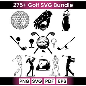 Könnte beinhalten: Schwarz-weiß Golf-SVG-Bundle mit verschiedenen Illustrationen, darunter Golfbälle, Schläger, ein Handschuh, eine Golftasche und Golfspieler in Aktion. Der Text "275+ Golf SVG Bundle" steht oben, mit Dateitypoptionen unten.