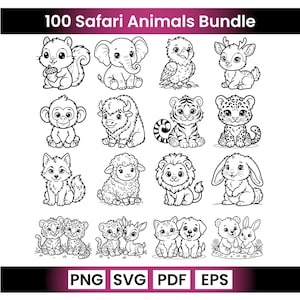 100 Safari djur SVG-paket, Baby Djungeldjur Clipart, Söta Djur SVG, Cricut-filer