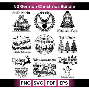 May include: A digital collection of 50 German Christmas designs in black and white, featuring illustrations of gifts, reindeer, a person in a winter hat, Santa in a sleigh, pine trees, a cabin, gnomes, and a snowman with text including Stille Nacht.