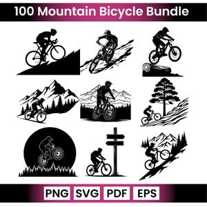 May include: A set of black and white illustrations of mountain bicycles. The images show cyclists on mountain bikes on different terrains, including hills, mountains, and trails. The text "100 Mountain Bicycle Bundle" is at the top, with file type options at the bottom.