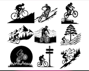 Puede incluir: Una colección de ilustraciones en blanco y negro de bicicletas de montaña. Las imágenes muestran ciclistas en bicicletas de montaña en varios terrenos, incluyendo colinas, montañas y senderos. El texto "100 Mountain Bicycle Bundle" está en la parte superior, con opciones de tipo de archivo en la parte inferior.