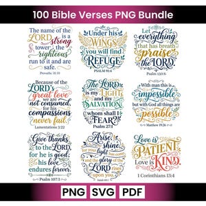 May include: A digital collection of 100 Bible verses in PNG format, featuring nine distinct graphic designs with ornate typography in blue, gold, and red. Each design includes specific scripture references like Proverbs 18:10 and Psalm 91:4.