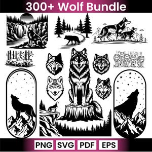 May include: A collection of black and white wolf illustrations. The images include wolves in various poses, such as howling, walking, and sitting. The text "300+ Wolf Bundle" is at the top, with file type options at the bottom.