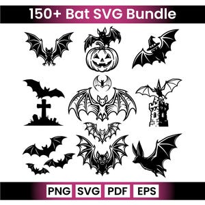 May include: A digital collection titled 150+ Bat SVG Bundle featuring various black and white bat illustrations, including bats with pumpkins, witch hats, tombstones, and castle towers. The file formats PNG, SVG, PDF, and EPS are listed at the bottom.