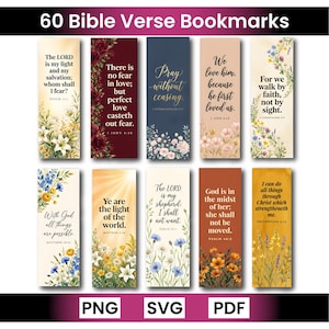 Puede incluir: Una colección de diez marcapáginas rectangulares con diversos versículos bíblicos e ilustraciones florales. Los diseños incluyen paletas de colores variadas como rojo oscuro, azul marino, crema y oro, con textos que incluyen Salmo 27:1, 1 Juan 4:18, 1 Tesalonicenses 5:17, 1 Juan 4:19, 2 Corintios 5:7, Mateo 19:26, Mateo 5:14, Salmo 23:1, Salmo 46:5 y Filipenses 4:13.