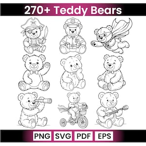 May include: Black and white illustration of nine teddy bears in various costumes and poses. One is a pirate, another a police officer, and a third is a superhero. The image includes the text "270+ Teddy Bears" and file type options: PNG, SVG, PDF, and EPS.