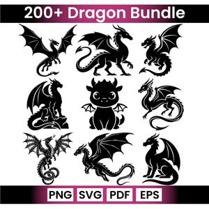 May include: A collection of black dragon illustrations in various poses, including flying, sitting, and standing. The image includes the text "200+ Dragon Bundle" and file type options: PNG, SVG, PDF, and EPS.