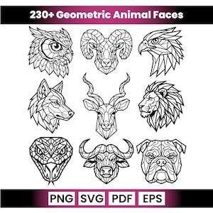 Könnte beinhalten: Schwarz-weiße geometrische Tiergesichter, darunter Eule, Widder, Adler, Wolf, Antilope, Löwe, Schlange, Büffel und Bulldogge. Das Bild enthält den Text "230+ Geometric Animal Faces" und Dateitypoptionen: PNG, SVG, PDF und EPS.
