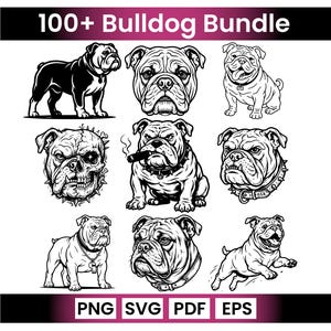 May include: A collection of black and white bulldog illustrations in various poses, including standing, sitting, and a skull design. The text "100+ Bulldog Bundle" is at the top, with file type options at the bottom.