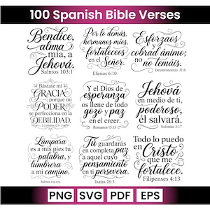 May include: A digital collection of 100 Spanish Bible verses featuring black calligraphic text on a white background. The image displays nine distinct religious quotes with decorative flourishes, including references like Salmos 103:1 and Filipenses 4:13, with file formats PNG, SVG, PDF, and EPS listed at the bottom.
