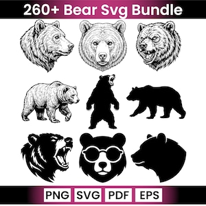 Puede incluir: Una colección de gráficos SVG con temática de osos en blanco y negro. Los diseños incluyen caras de osos detalladas, siluetas e ilustraciones de cuerpo completo. La imagen también incluye el texto "260+ Bear Svg Bundle" e indicadores de tipo de archivo: PNG, SVG, PDF y EPS.