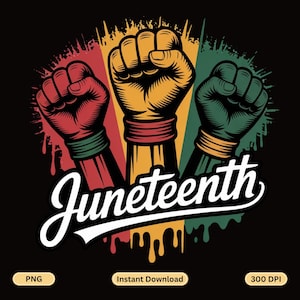 May include: A graphic design featuring three raised fists in red, yellow, and green, with the word "Juneteenth" in white script. The design has a black background with paint splatter effects.