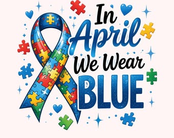 Imagen PNG de concienciación sobre el autismo, lazo de rompecabezas, diseño de camiseta azul en abril (descarga digital)