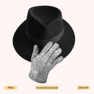 May include: A black fedora hat with a black band and a silver sequined glove. The glove is covered in small, reflective sequins. The hat and glove are set against a light background.