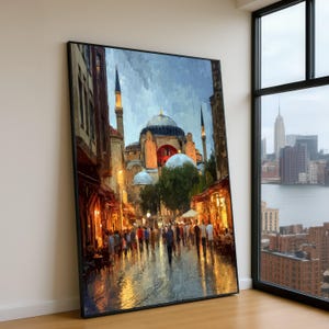 Istanbul Street Scene Canvas Print, Historic Cityscape Evening Market Painting
