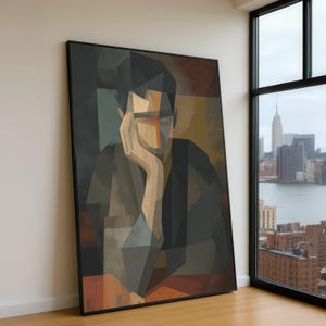 Abstract Cubist Man Portrait, Modern Geometric Canvas, Moody Expression Wall Art, Contemporary Home Decoration