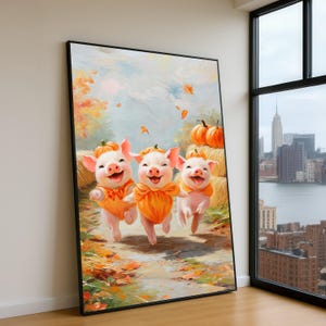 Płótno z zabawnymi biegnącymi prosiaczkami, jesienna dyniowa farma, obraz z jesiennymi zbiorami