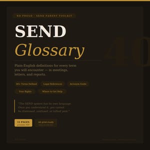 Puede incluir: Documento digital marrón oscuro titulado "SEND Glossary" con texto blanco y dorado. El documento proporciona definiciones en inglés sencillo para los términos utilizados en reuniones, cartas e informes. Incluye secciones sobre referencias legales, acrónimos y derechos.