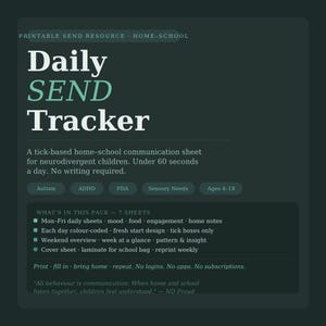 May include: Dark teal printable Daily SEND Tracker for home-school communication. Includes sheets for daily tracking, mood, food, and engagement. Features color-coded design, tick boxes, and weekend overviews. Suitable for ages 4-18.