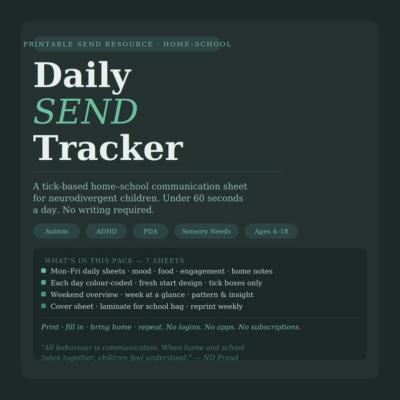 Full Send Printable Daily SEND Tracker Printable | Neurodivergent Home School Communication ...