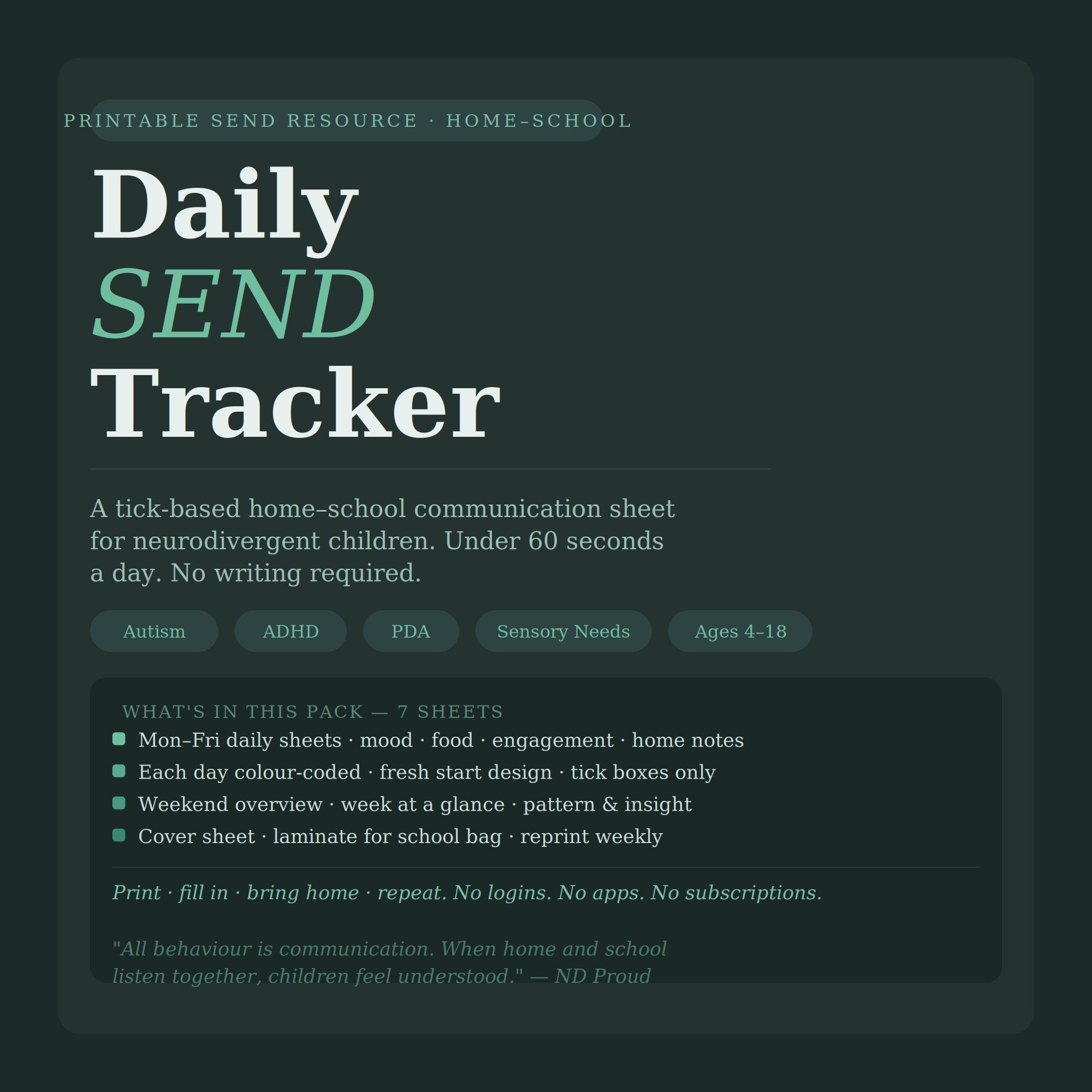 Send Development Tracker Daily SEND Tracker Printable | Neurodivergent Home School Communication ...