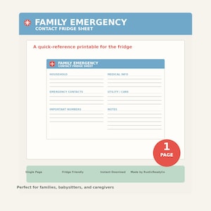 May include: A printable Family Emergency Contact Fridge Sheet with sections for household, medical info, emergency contacts, and important numbers. The sheet is designed for quick reference and is fridge-friendly.
