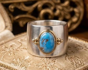 Naturlig Golden Hill turkos bandring, 925 sterlingsilver bred statementring, blå turkos cigarrring, sydvästlig tumring